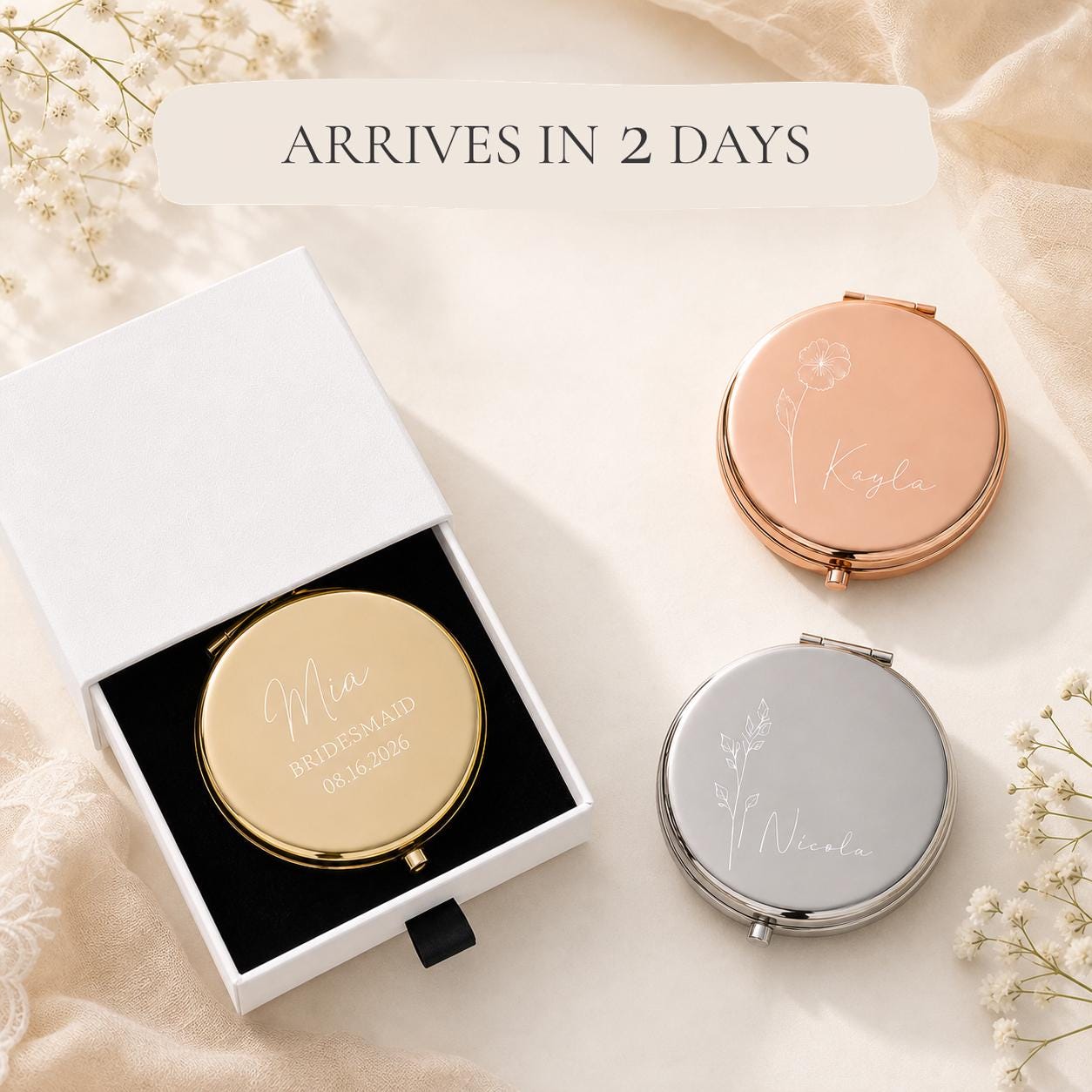 Gold rose gold and silver personalized bridesmaid compact mirrors with a white gift box and black pull tab