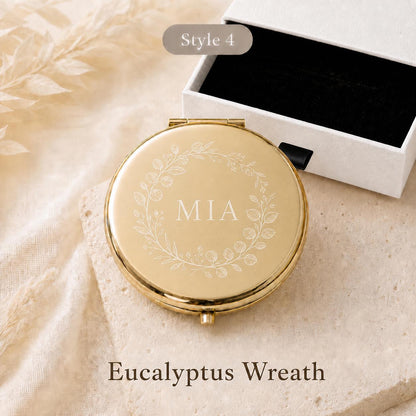 Style 4 botanical wreath bridesmaid compact mirror with a white gift box and black pull tab