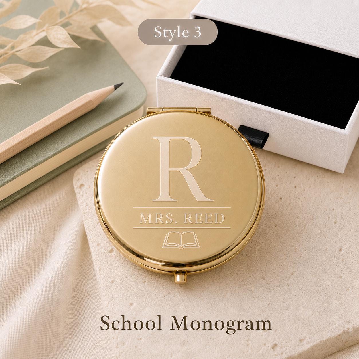 Style 3 modern monogram compact mirror with a white gift box and black pull tab