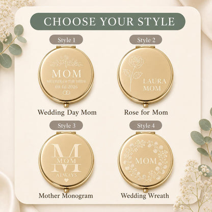Choose Occasion Script Birth Flower Modern Monogram or Botanical Wreath for a personalized Mother of the Bride or Groom compact mirror