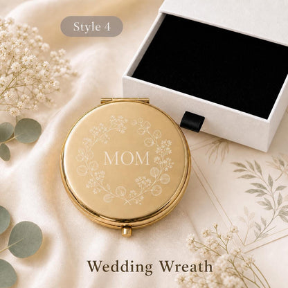 Style 4 Botanical Wreath compact mirror personalized for Mother of the Bride or Groom