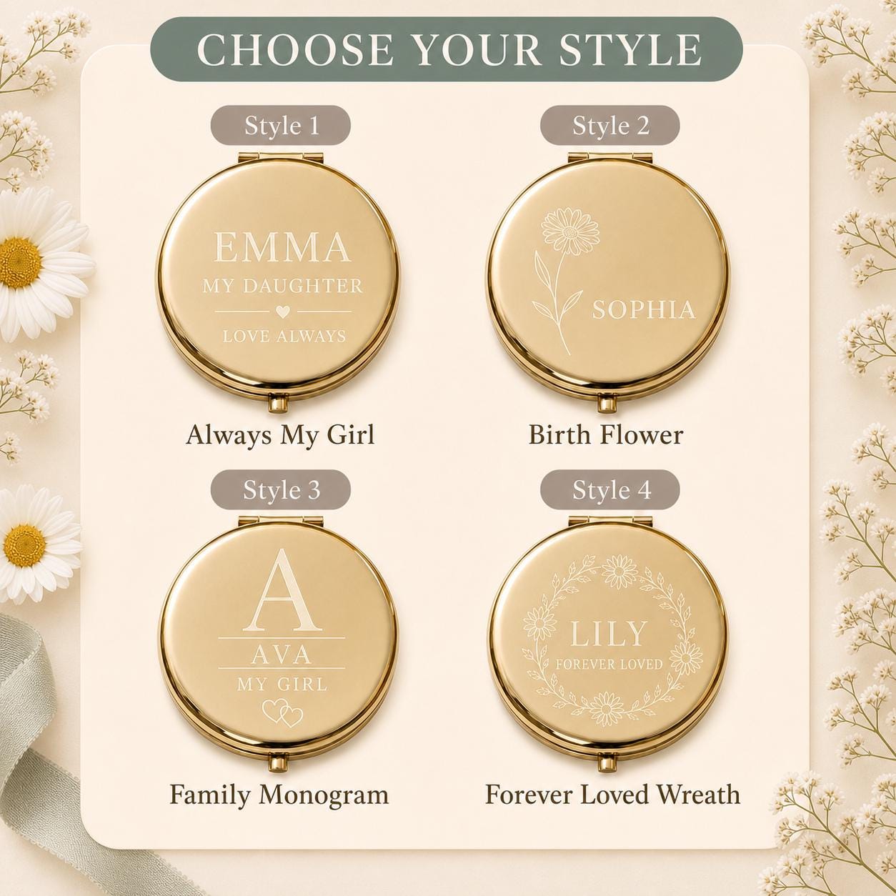 Choose Occasion Script Birth Flower Modern Monogram or Botanical Wreath for a personalized Daughter Granddaughter or Niece compact mirror