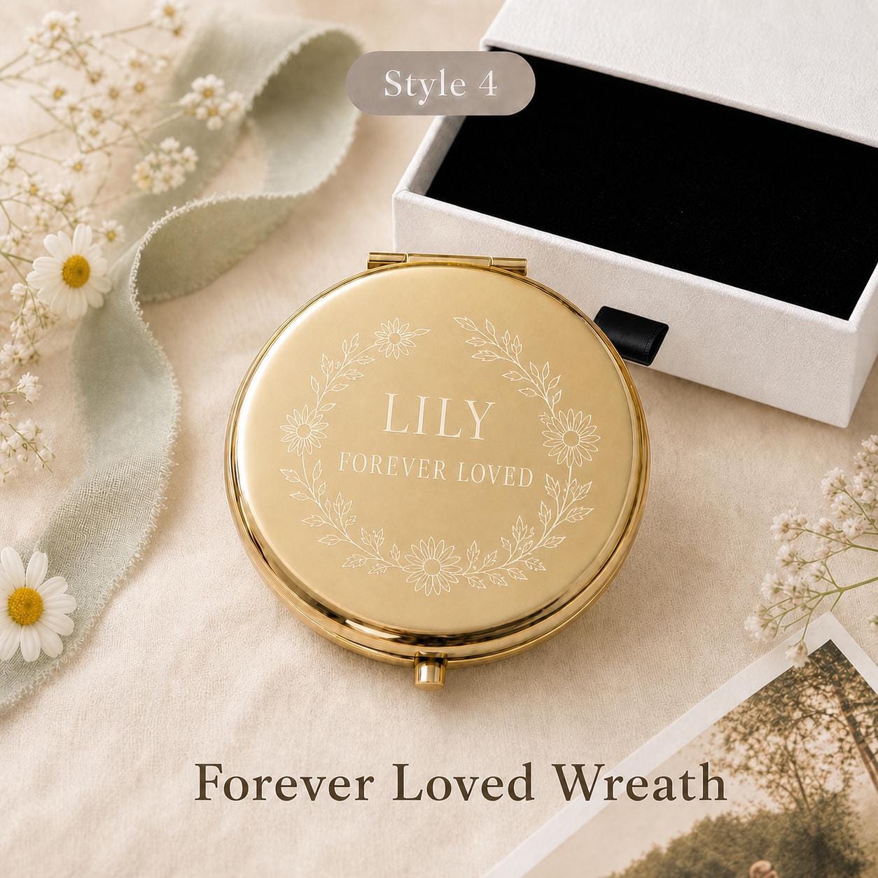 Style 4 Botanical Wreath compact mirror personalized for Daughter Granddaughter or Niece