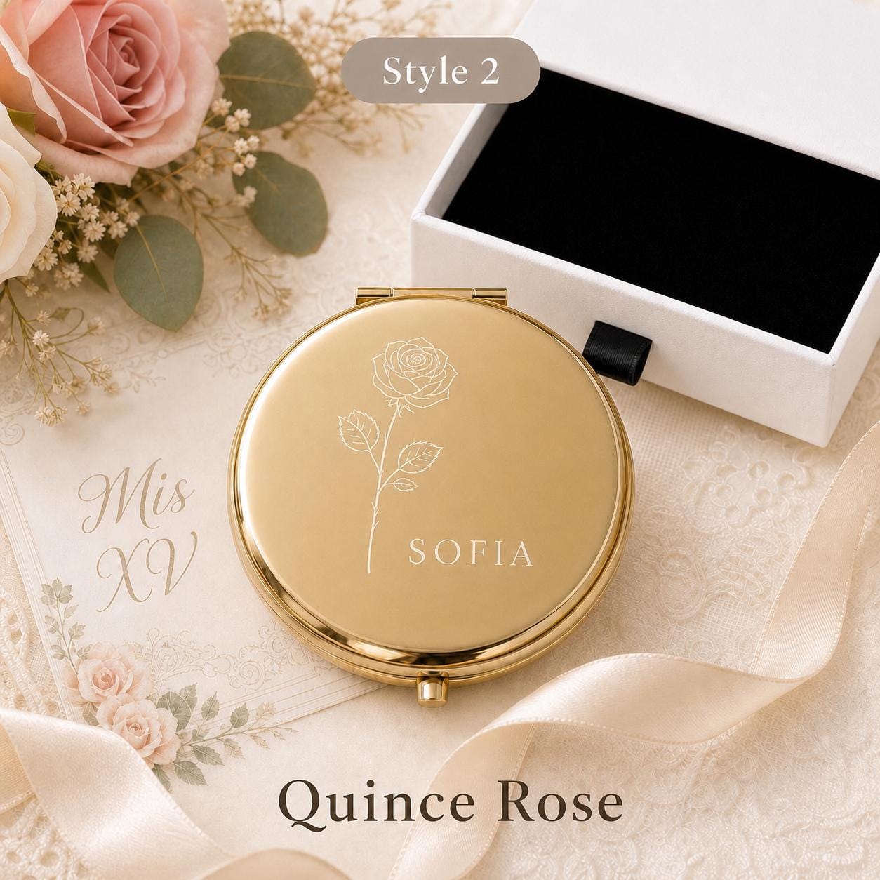 Style 2 Birth Flower compact mirror personalized for Quinceanera Sweet 15 Favors
