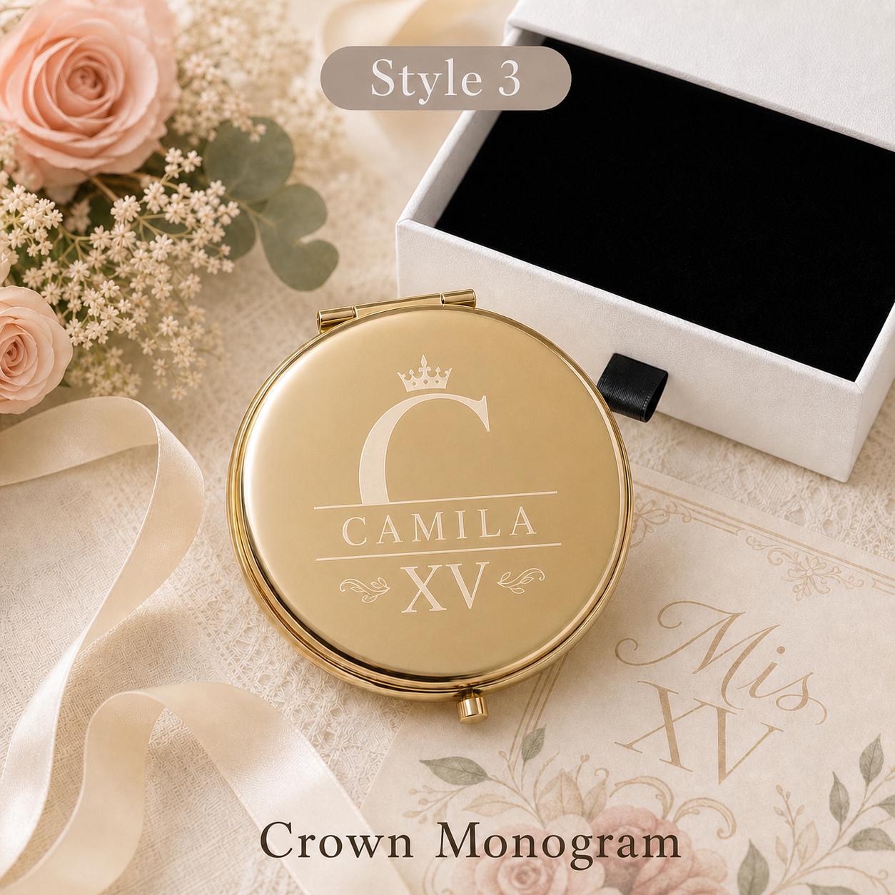 Style 3 Modern Monogram compact mirror personalized for Quinceanera Sweet 15 Favors