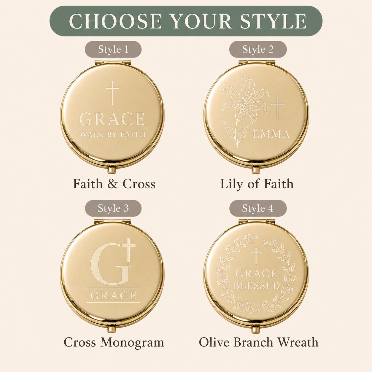 Choose Occasion Script Birth Flower Modern Monogram or Botanical Wreath for a personalized Christian Scripture or First Communion compact mirror