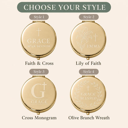 Choose Occasion Script Birth Flower Modern Monogram or Botanical Wreath for a personalized Christian Scripture or First Communion compact mirror