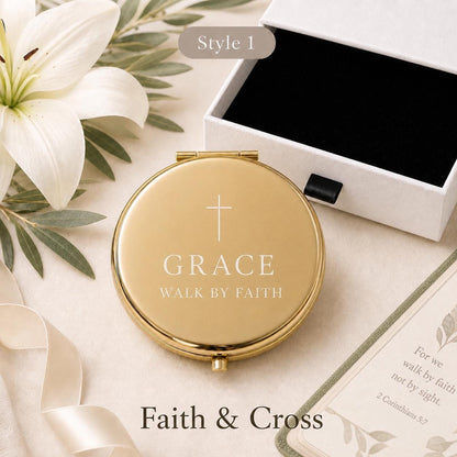 Style 1 Occasion Script compact mirror personalized for Christian Scripture or First Communion