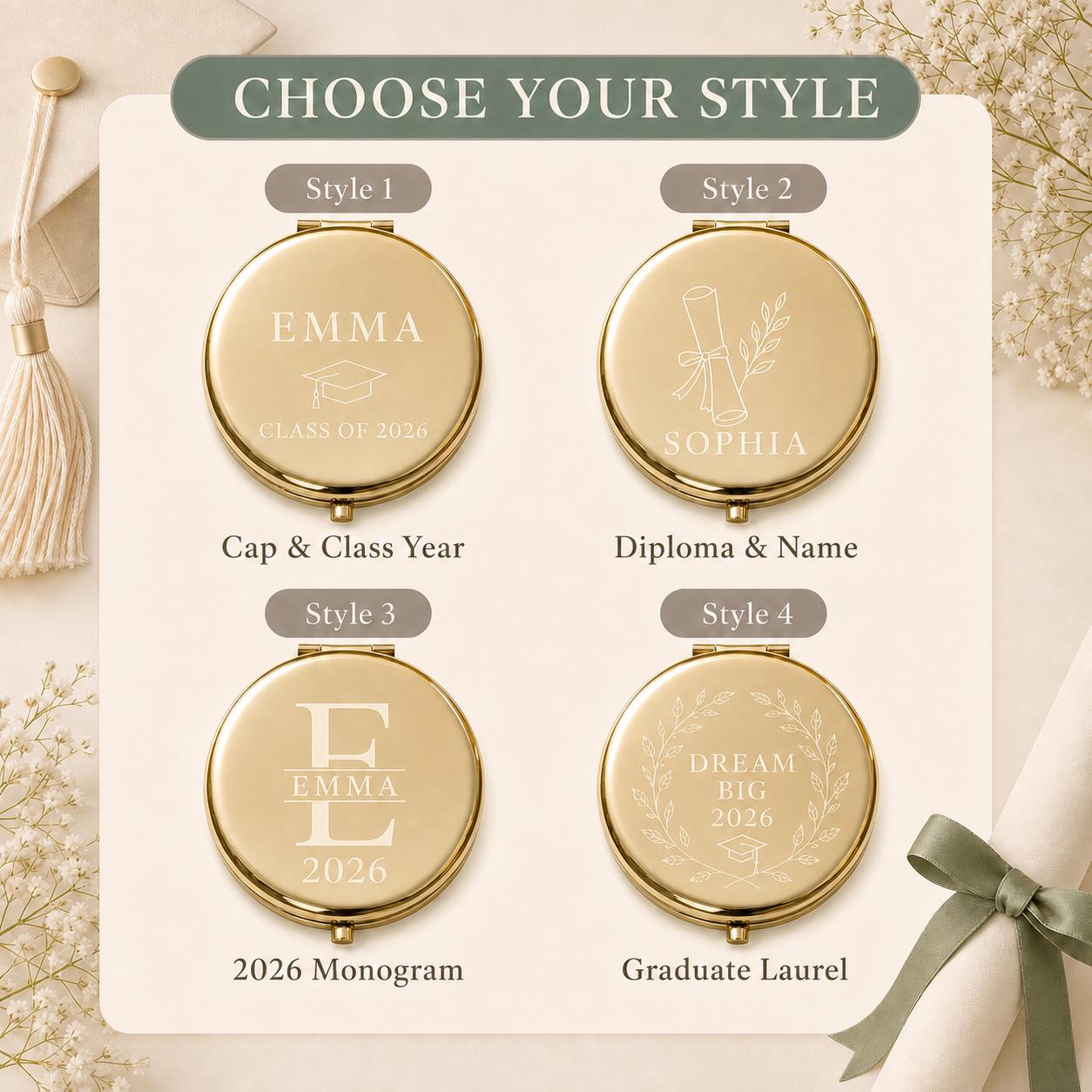Choose Occasion Script Birth Flower Modern Monogram or Botanical Wreath for a personalized Graduation Class of 2026 compact mirror