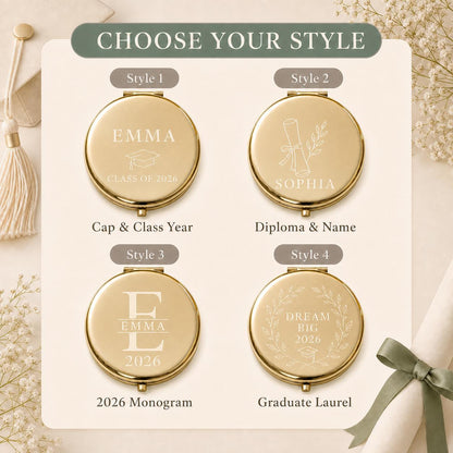 Choose Occasion Script Birth Flower Modern Monogram or Botanical Wreath for a personalized Graduation Class of 2026 compact mirror