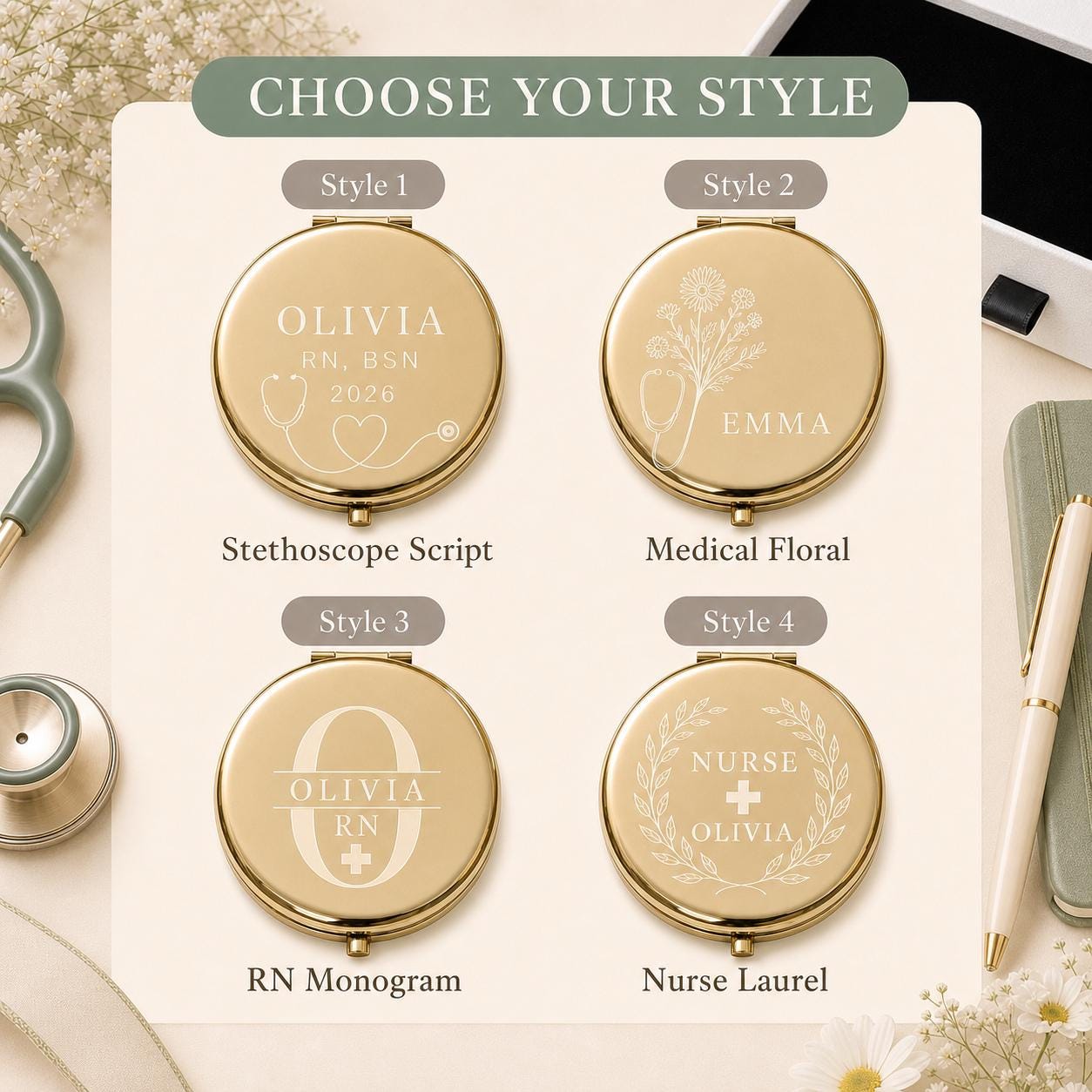 Choose Occasion Script Birth Flower Modern Monogram or Botanical Wreath for a personalized Nurse Appreciation or Nursing Graduation compact mirror