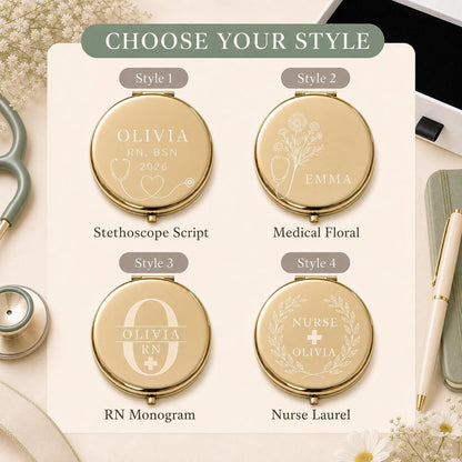 Choose Occasion Script Birth Flower Modern Monogram or Botanical Wreath for a personalized Nurse Appreciation or Nursing Graduation compact mirror