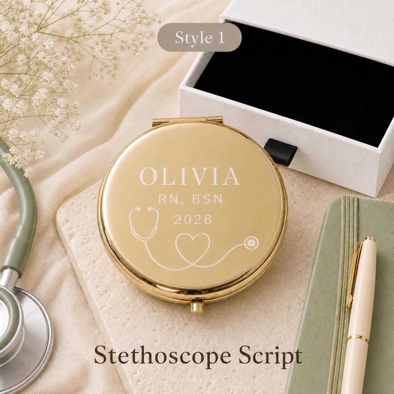 Style 1 Occasion Script compact mirror personalized for Nurse Appreciation or Nursing Graduation