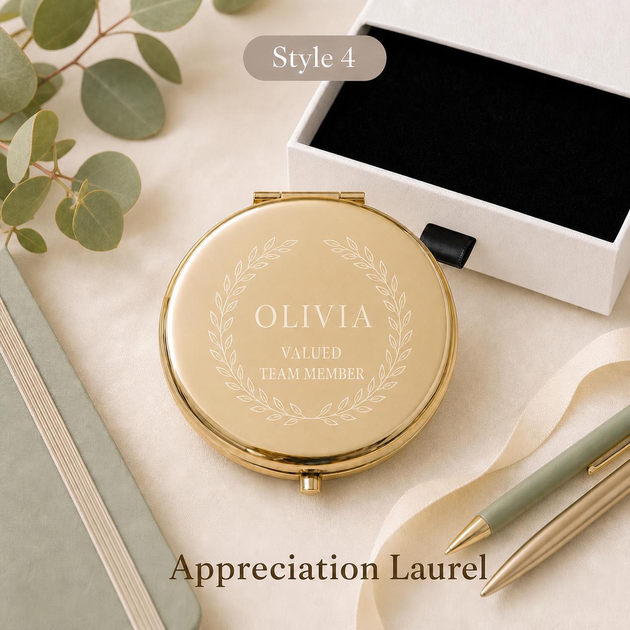 Style 4 Botanical Wreath compact mirror personalized for Team or Staff Appreciation