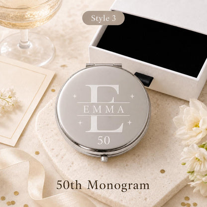 Style 3 Modern Monogram compact mirror personalized for Milestone Birthday