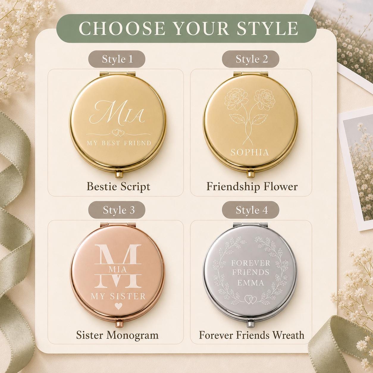 Choose Occasion Script Birth Flower Modern Monogram or Botanical Wreath for a personalized Best Friend Sister or Chosen Family compact mirror