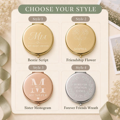 Choose Occasion Script Birth Flower Modern Monogram or Botanical Wreath for a personalized Best Friend Sister or Chosen Family compact mirror