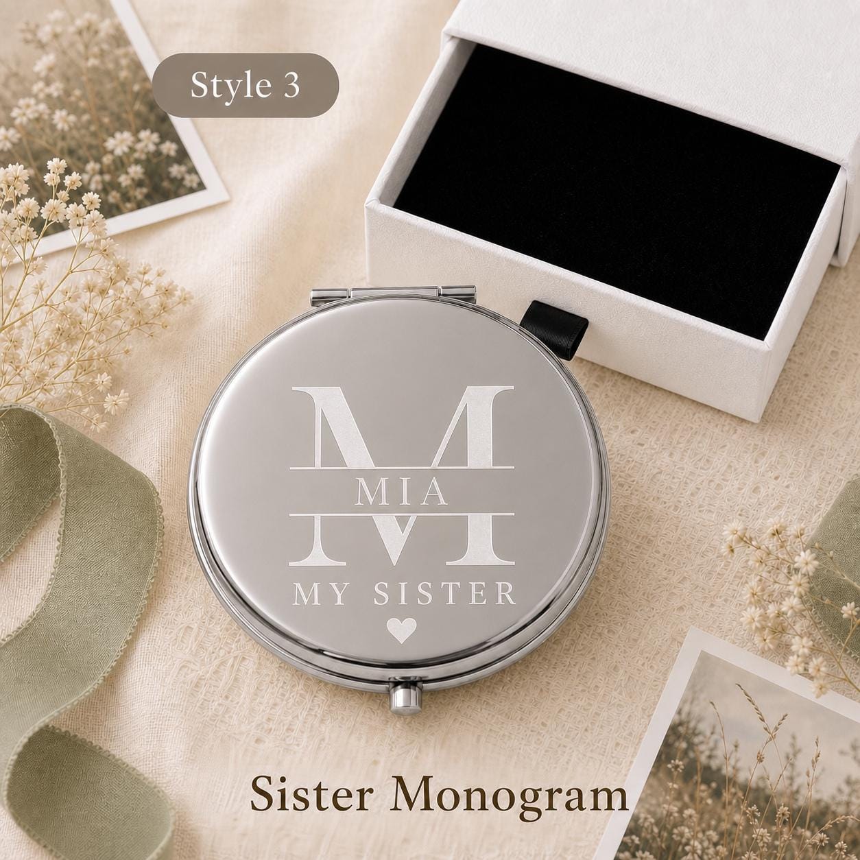 Style 3 Modern Monogram compact mirror personalized for Best Friend Sister or Chosen Family