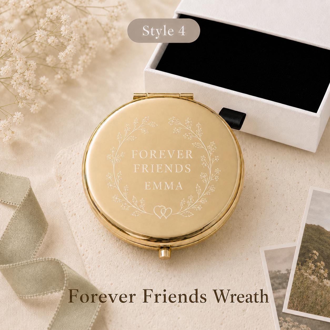 Style 4 Botanical Wreath compact mirror personalized for Best Friend Sister or Chosen Family