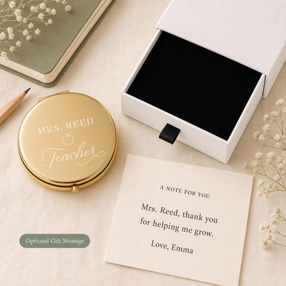 Personalized compact mirror with gift message and white presentation box with black pull tab