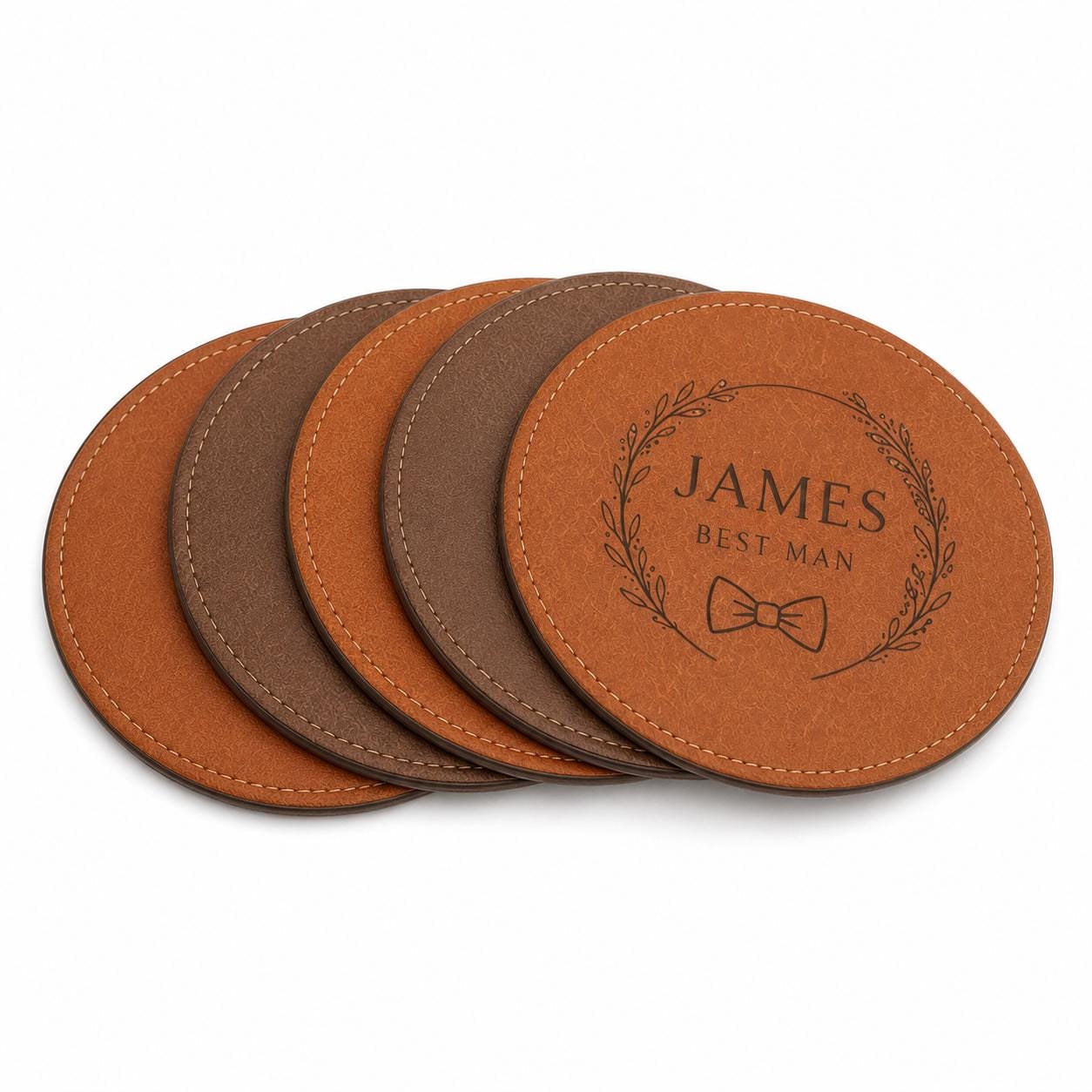 Six personalized groomsmen leather coasters in Saddle Tan and Walnut