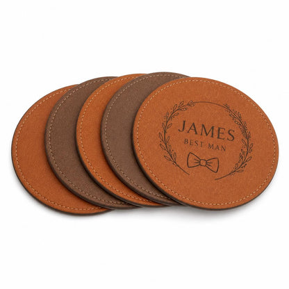 Six personalized groomsmen leather coasters in Saddle Tan and Walnut