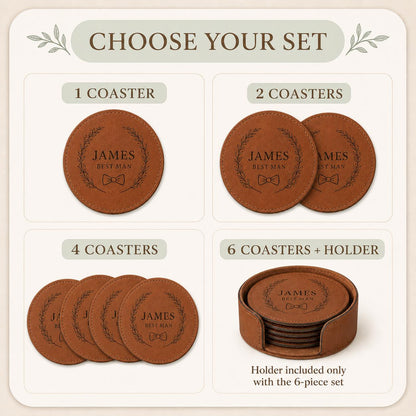 One, two, four, and six-piece groomsmen leather coasters set options