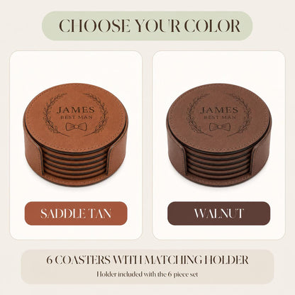 Saddle Tan and Walnut color options for groomsmen leather coasters