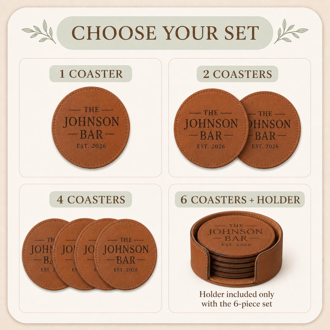 One, two, four, and six-piece leather coasters for dad set options