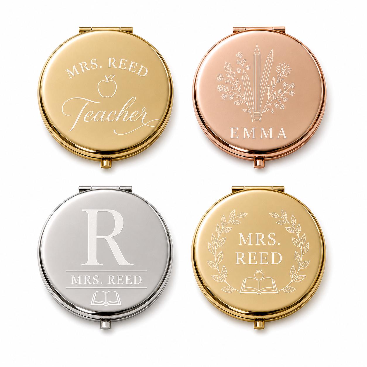 Three compact mirror colors with an open dual mirror and white presentation box with black pull tab