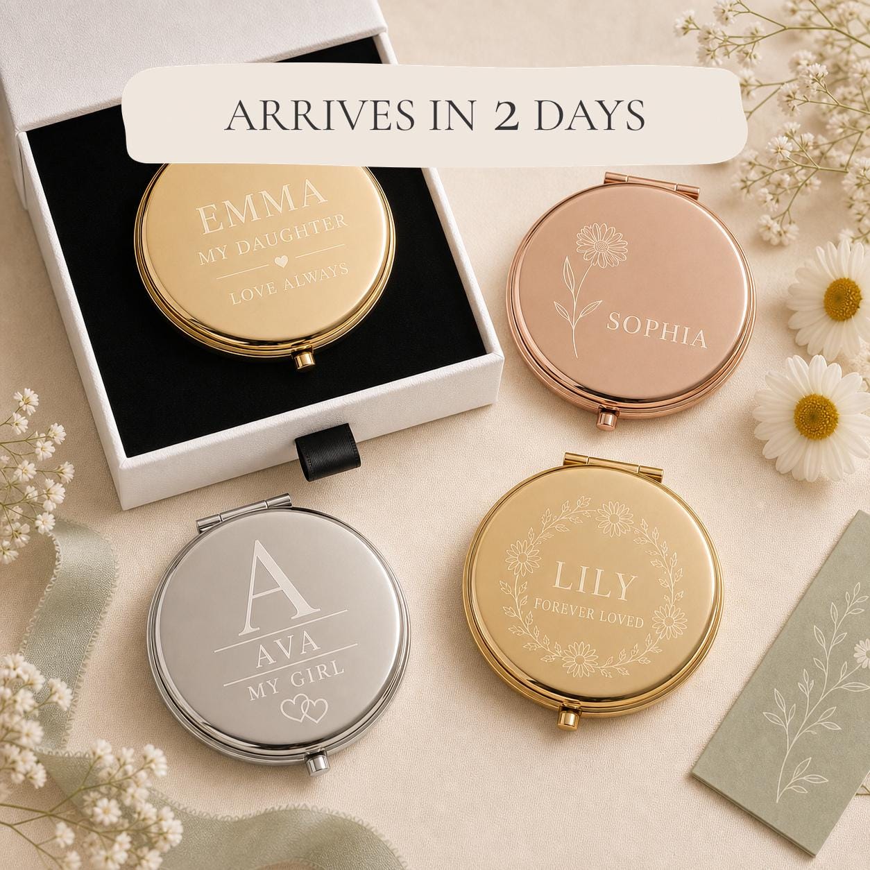 Daughter Granddaughter or Niece personalized compact mirrors in gold rose gold and silver with matte white gift box and flat black velvet insert