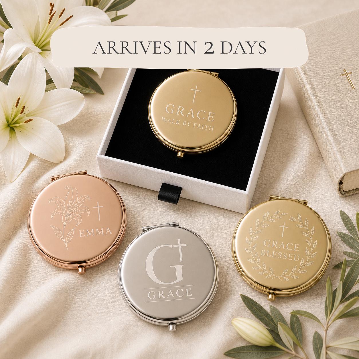 Christian Scripture or First Communion personalized compact mirrors in gold rose gold and silver with matte white gift box and flat black velvet insert