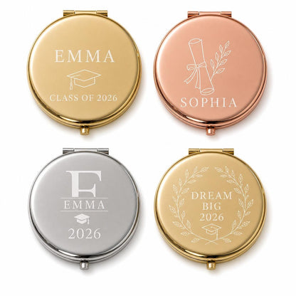 Graduation Class of 2026 personalized compact mirror overview with dual mirrors and flat black velvet presentation box insert
