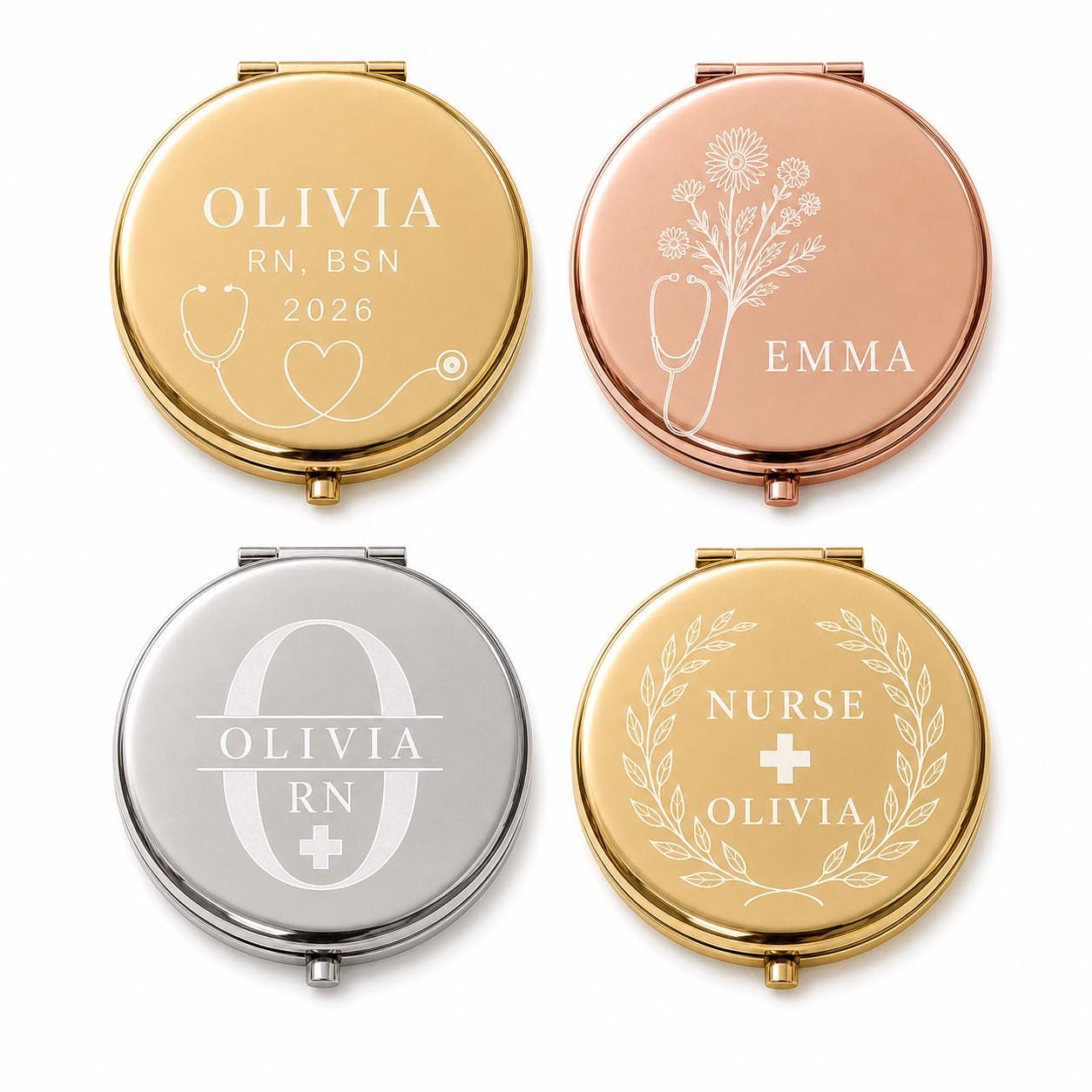 Nurse Appreciation or Nursing Graduation personalized compact mirror overview with dual mirrors and flat black velvet presentation box insert