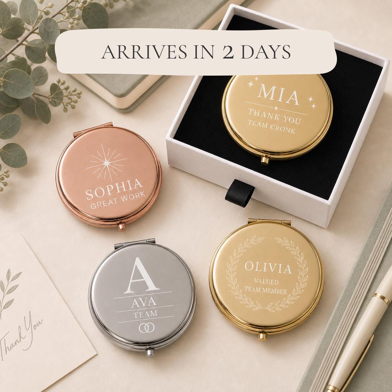 Team or Staff Appreciation personalized compact mirrors in gold rose gold and silver with matte white gift box and flat black velvet insert