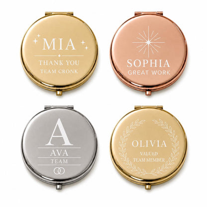 Team or Staff Appreciation personalized compact mirror overview with dual mirrors and flat black velvet presentation box insert