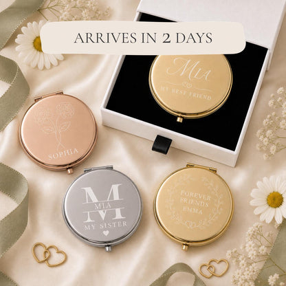 Best Friend Sister or Chosen Family personalized compact mirrors in gold rose gold and silver with matte white gift box and flat black velvet insert