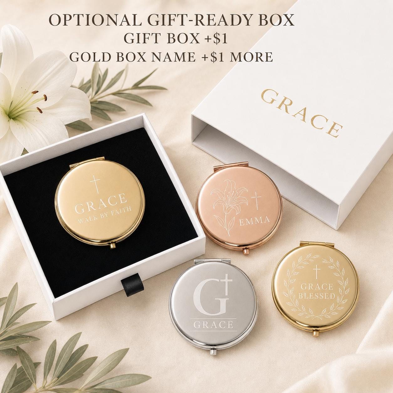 Christian Faith compact mirror presentation box personalized with an optional recipient name printed in gold