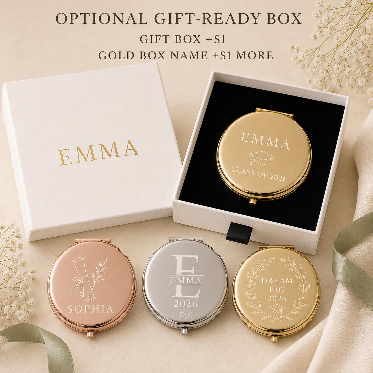 Graduation Class of 2026 compact mirror presentation box personalized with an optional recipient name printed in gold