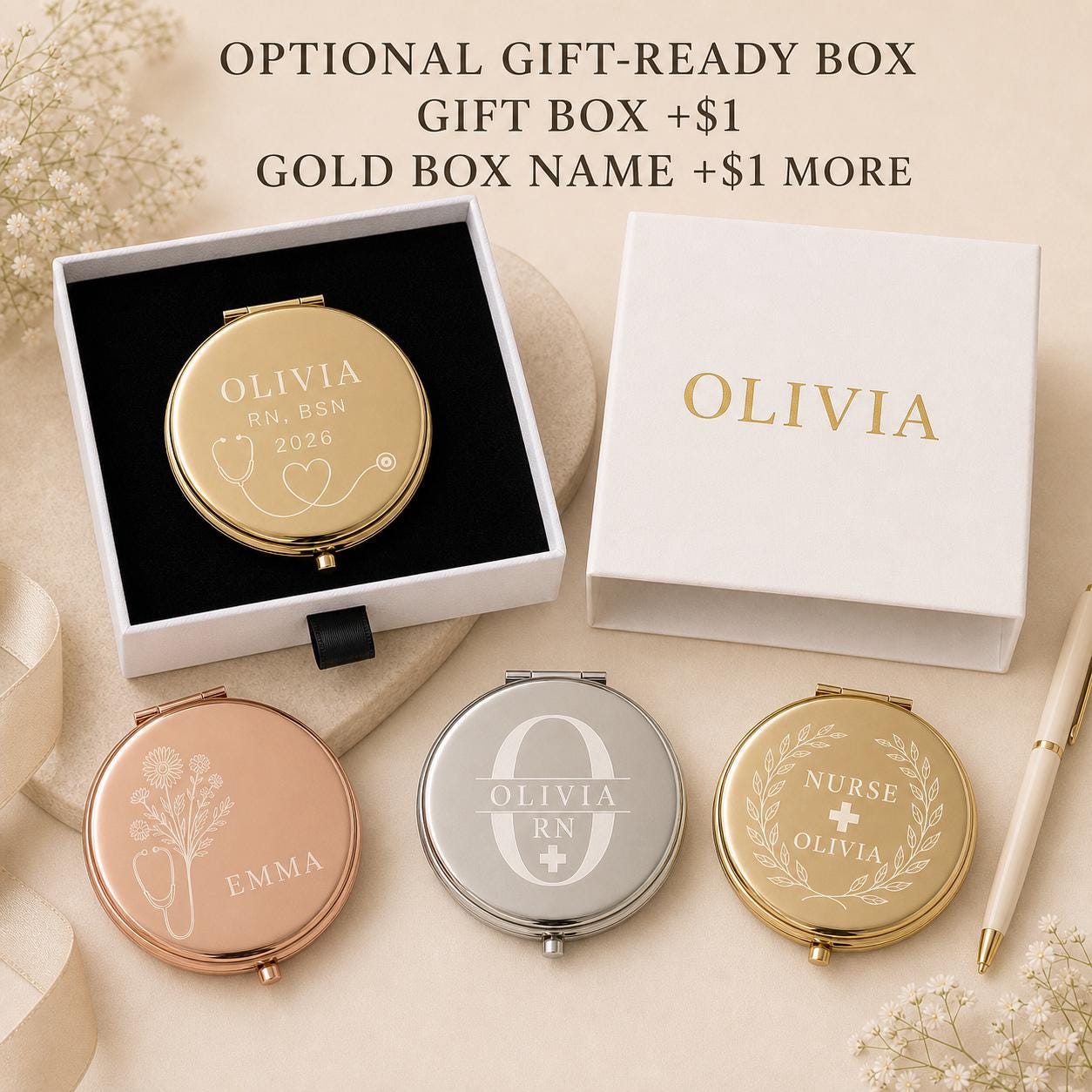 Nurse Appreciation compact mirror presentation box personalized with an optional recipient name printed in gold