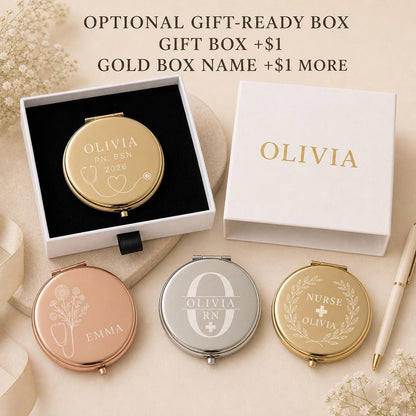 Nurse Appreciation compact mirror presentation box personalized with an optional recipient name printed in gold