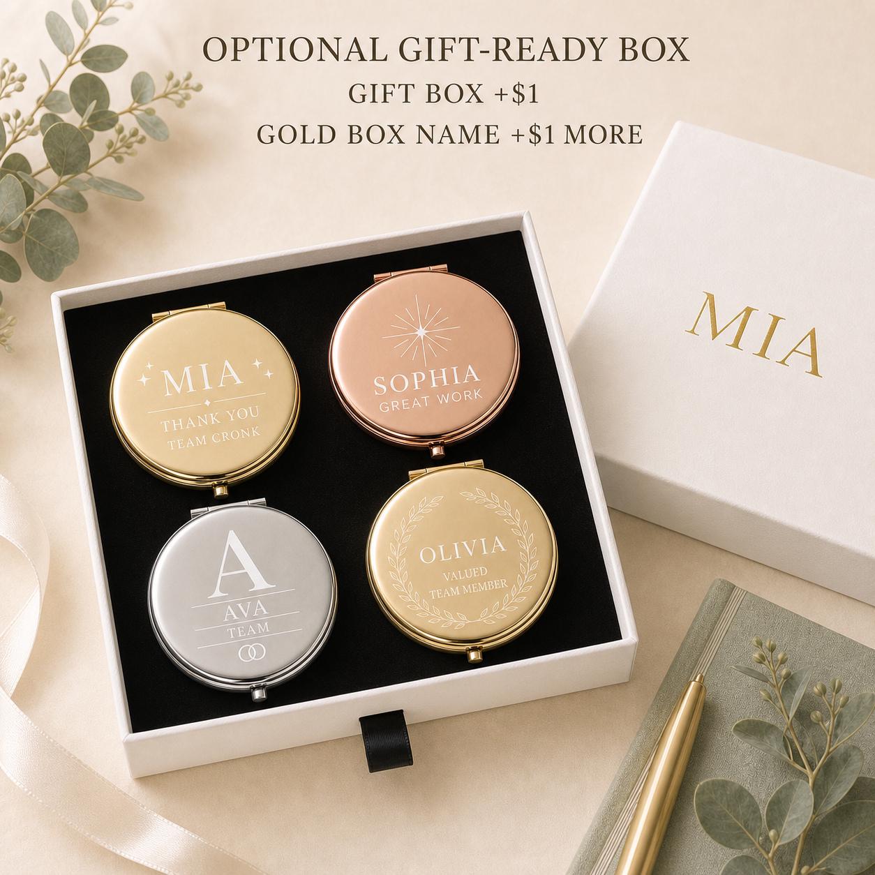 Team or Staff Appreciation compact mirror presentation box personalized with an optional recipient name printed in gold
