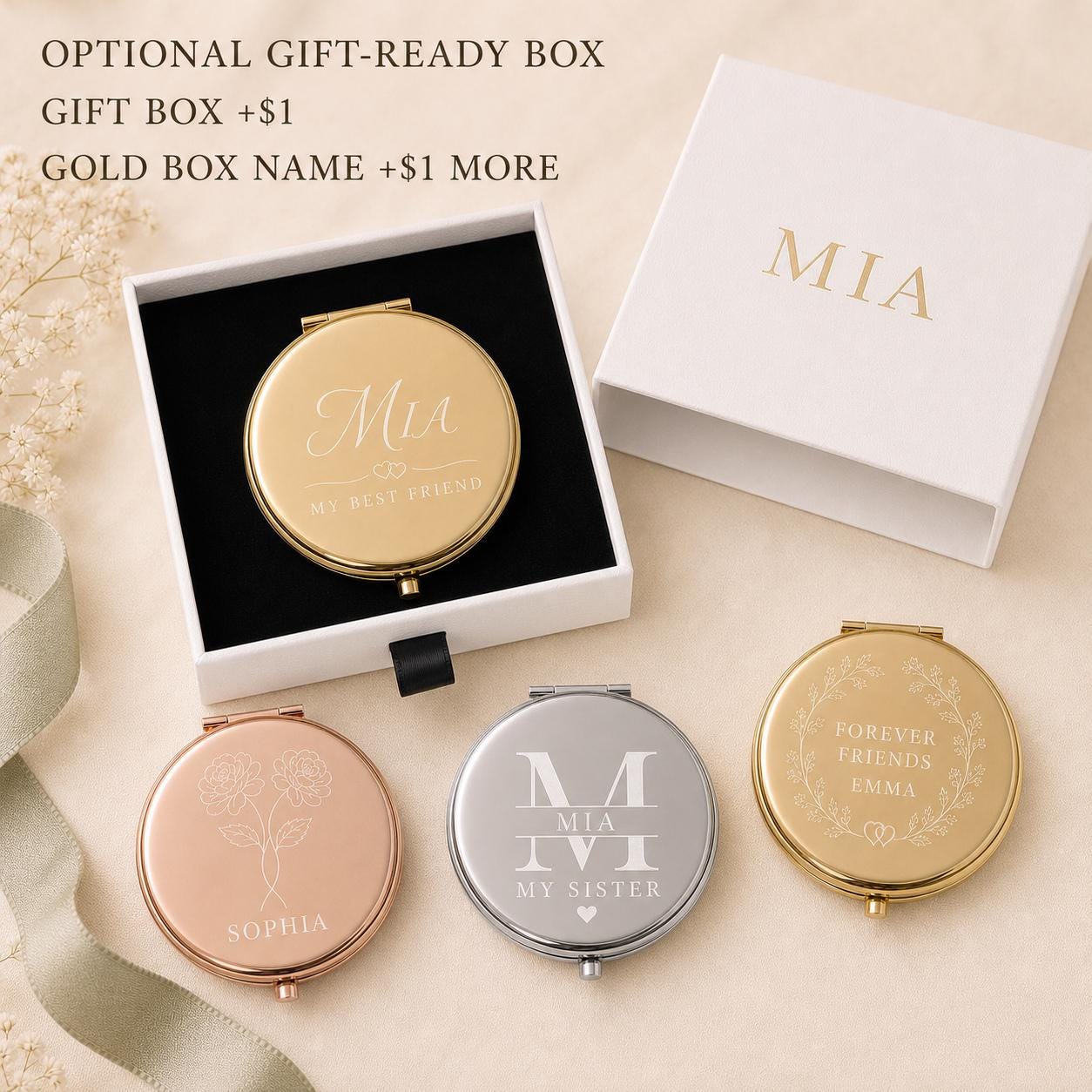 Best Friend Sister or Chosen Family compact mirror presentation box personalized with an optional recipient name printed in gold