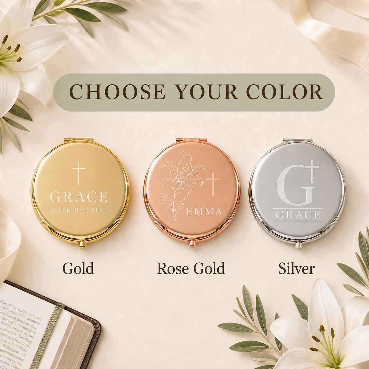 Choose gold rose gold or silver for a personalized Christian Scripture or First Communion pocket mirror