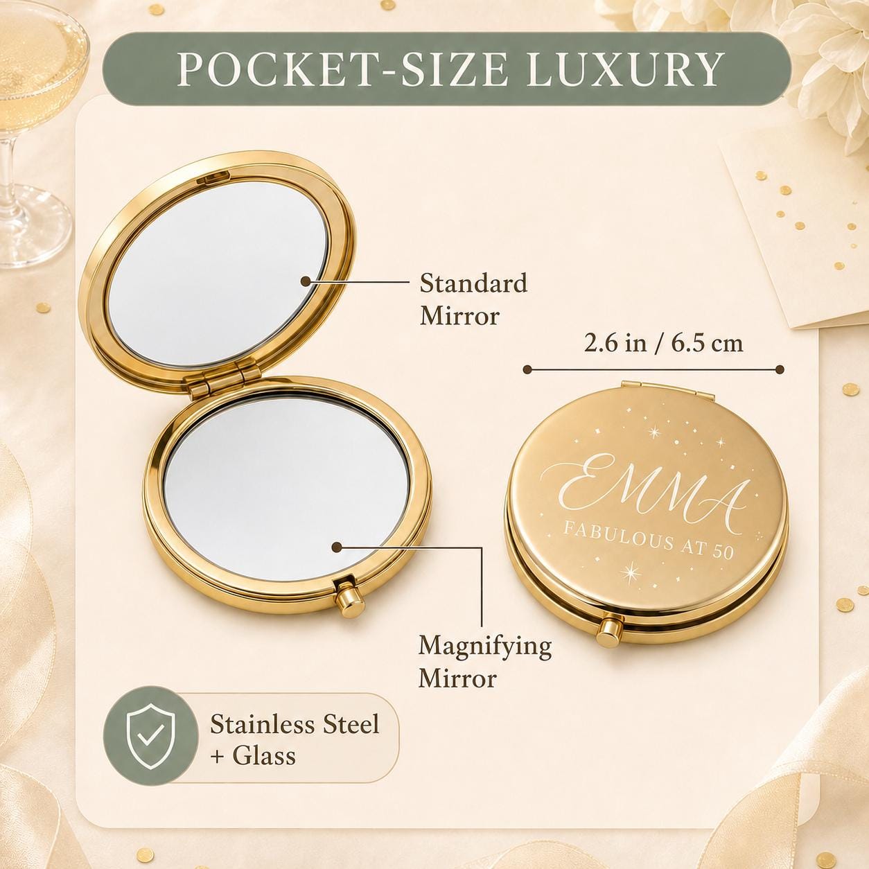 Milestone Birthday 2.6 inch dual compact mirror with standard and magnifying mirrors