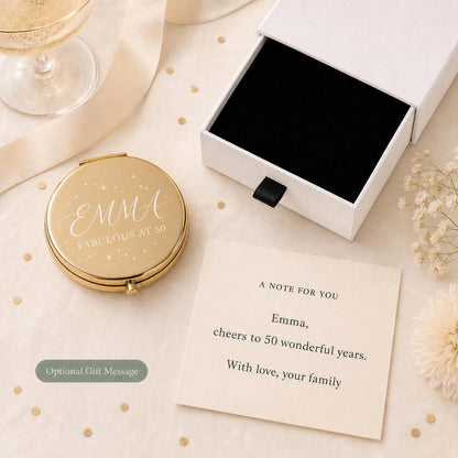 Milestone Birthday personalized compact mirror with occasion-specific printed gift message and flat black box insert