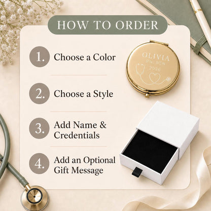 How to order a personalized Nurse Appreciation or Nursing Graduation compact mirror with color style wording and gift message