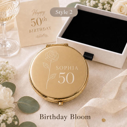 Style 2 Birth Flower compact mirror personalized for Milestone Birthday