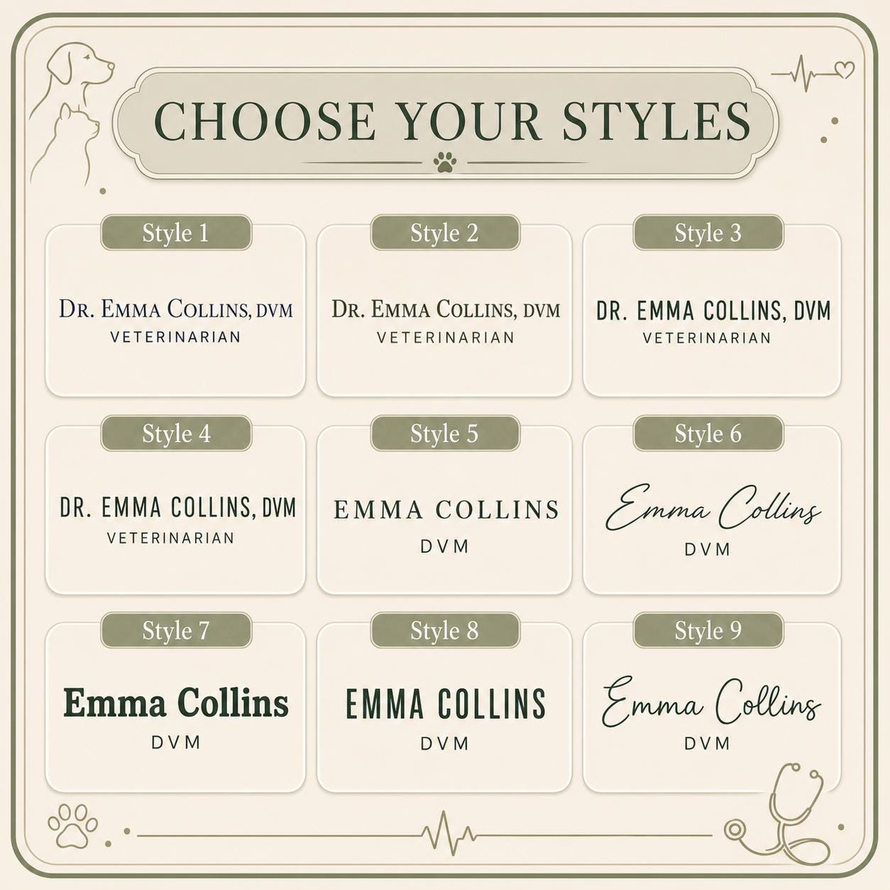Nine typography styles for the veterinarian acrylic nameplate