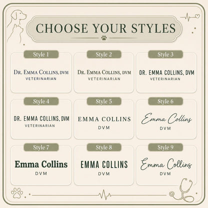 Nine typography styles for the veterinarian acrylic nameplate
